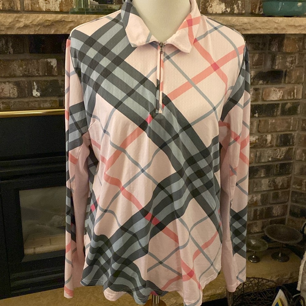SAN SOLEIL UPF 50 long sleeved top shirt. Fun pink and gray diagonal plaid.